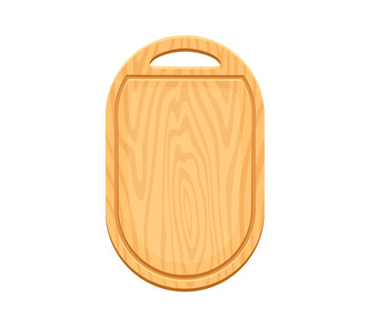 Wooden kitchen cutting board with rounded rectangular shape and natural wood grain texture. Empty chopping board on white background for food presentation, cooking books and recipe layouts