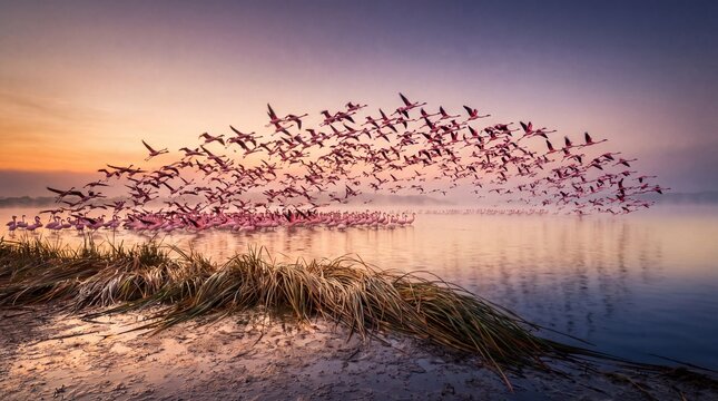 Flock of flamingos takes flight across the misty lake at dawn.