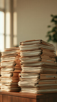 Towering Stacks of Documents: A close-up view reveals two large stacks of old files and documents on a wooden desk, illuminated by soft natural light from a window.