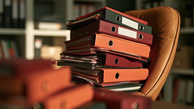 Stacked Files in Office Chair: A towering stack of assorted file folders and binders, primarily in shades of red and orange, rests precariously on a leather office chair.