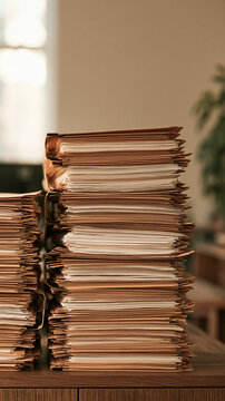 Stacks of Manila Folders: Tall stacks of manila folders filled with documents are neatly organized on a wooden desk, suggesting a busy office environment.