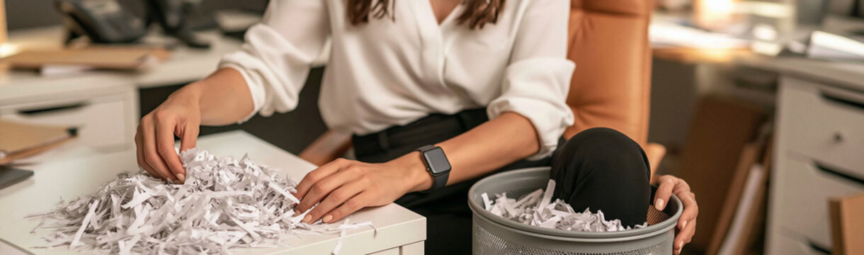 Office Document Shredding: A focused professional meticulously shreds sensitive documents in an office setting, ensuring data privacy and security.