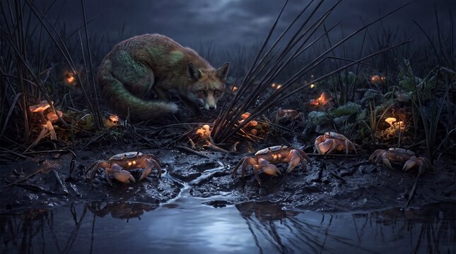 Wary fox crouches in wet wetland mud with bioluminescent crabs at night.