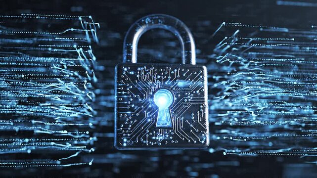 Glowing Digital Padlock in Network Data Stream Cyber Security Concept