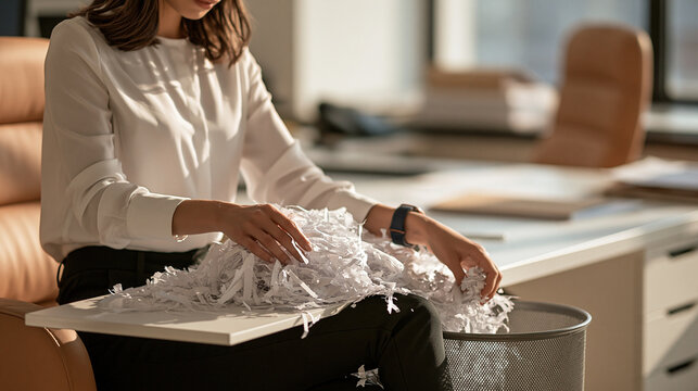 Shredding Documents: A businesswoman meticulously shreds sensitive documents in an office setting, ensuring confidentiality and data security.