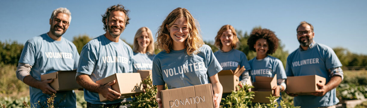 Team of Volunteers with Donation Boxes: A diverse group of happy volunteers, all wearing matching light blue t-shirts, stand in a garden on a sunny day holding donation boxes.