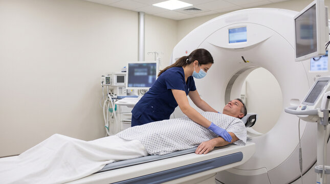 Radiology technician positions adult patient for diagnostic imaging, aligning equipment during hospital procedure to support accurate diagnostics, medical technology and patient care.