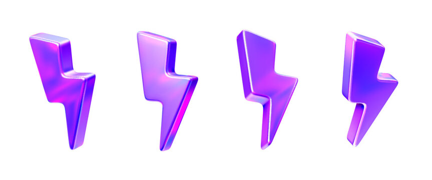 3D hologram lightning icons, rainbow thunder bolt and energy arrows. Abstract glass glossy purple gradient flash light, symbol of speed, battery charge, electric power indicator for mobile app or game