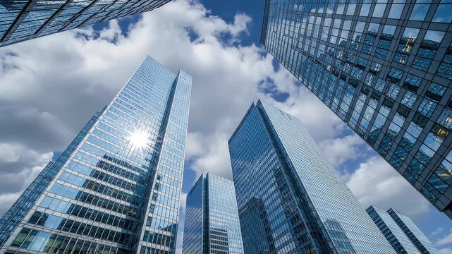 Low Angle View of Glass Skyscrapers with Fast Moving Clouds in Blue Sky