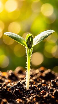 Small Green Plant Sprout Growing from Soil in Soft Morning Sunlight