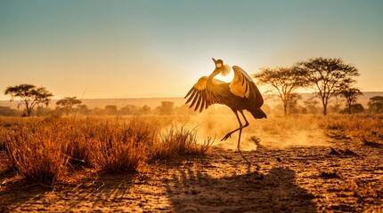 Naklejka premium Golden crane dances majestically across the vast African savanna at sunset.