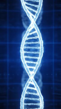 Glowing DNA Double Helix Rotating in Abstract Blue Biotech Background