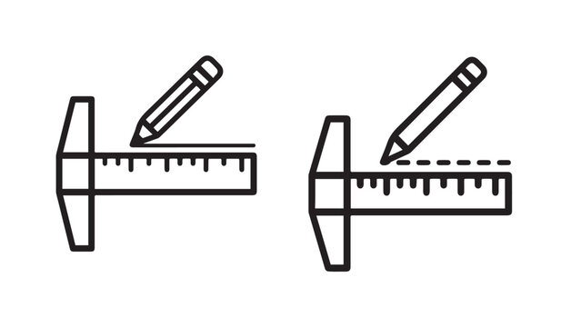 Pencil and T-Square Ruler Line Icons for Drafting