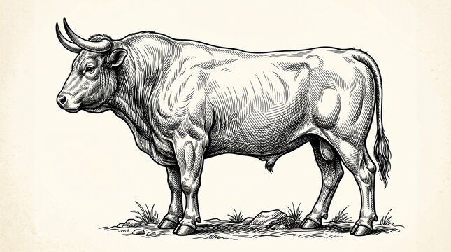 Elegant Black and White Bull Sketch.