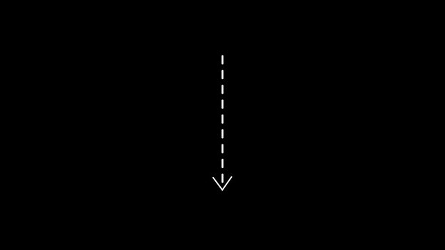Dots down arrow direction icon with dotted line animation on Black background. dot arrow icon sign animated 4k animation.