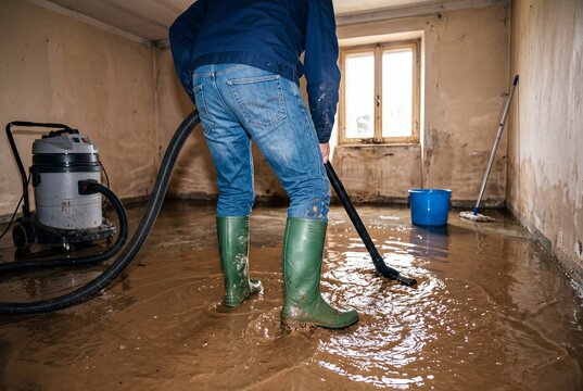 Person in green boots uses submersible pump to remove dirty water from flooded basement. Debris and water stains visible on walls. Cleanup work in progress.