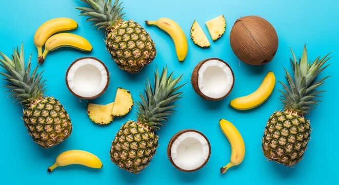 Flat lay pattern of tropical fruits including pineapples coconuts and bananas on blue background