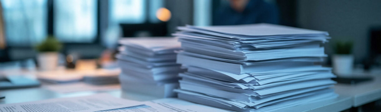 Overwhelmed by Paperwork: Stacks of documents and files overwhelm a desk in a dimly lit office, symbolizing heavy workload and administrative tasks.