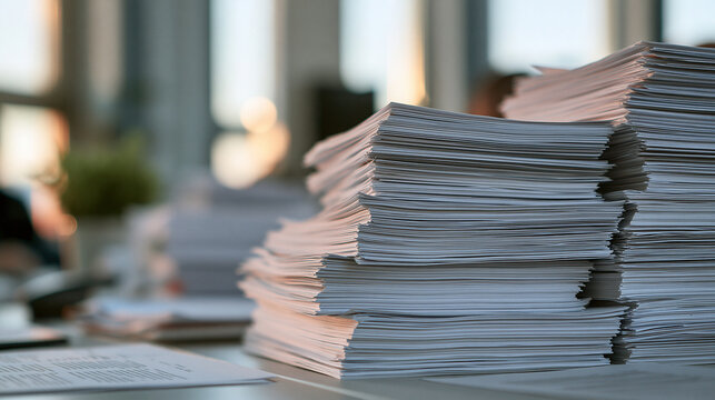 Stacked Paperwork in Office: Towering stacks of white paper documents are neatly piled on a desk in a modern office environment, suggesting workload and administration.