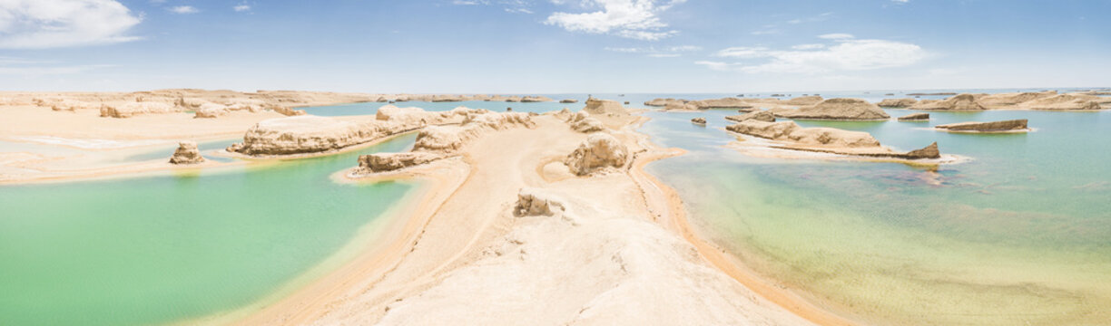 A panoramic view of water-submerged yardang formations in an arid desert, with turquoise water and clear sky.
