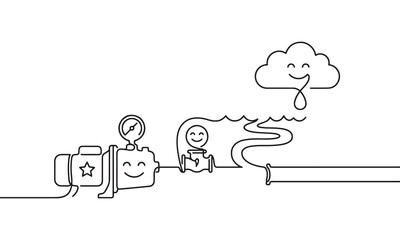 Fototapeta premium Continuous single line of a smiling water pump connected to a pipe and a happy rain cloud, black outline on a white background, concept of water supply and weather cycle