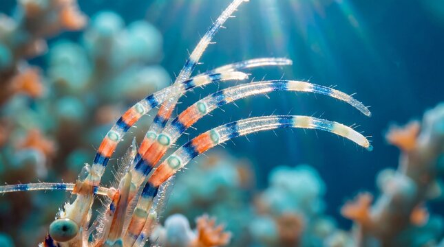 Macro view of coral shrimp antennae detailing vibrant blue and orange life.