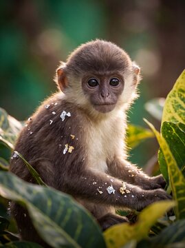 Langur monkey looking softly amid lush tropical foliage and silver leaf accents.