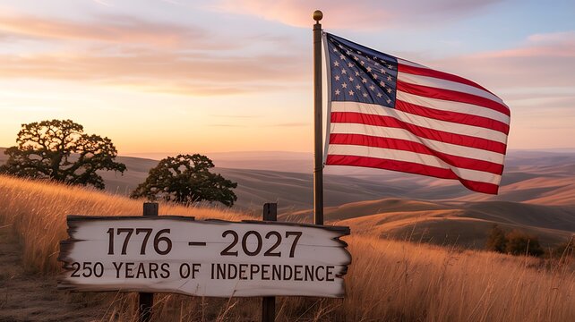 American flag celebrating 250 years of independence from 1776 to 2027
