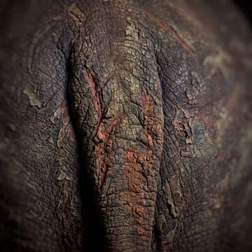 Detailed shot of weathered rhino skin showing ancient, textured armor in studio light