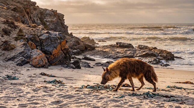 Hyena foraging on the desolate Skeleton Coast beach during golden hour light.