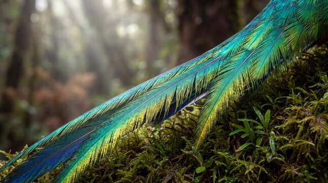 Vibrant quetzal tail feathers draped on moss in a misty cloud forest