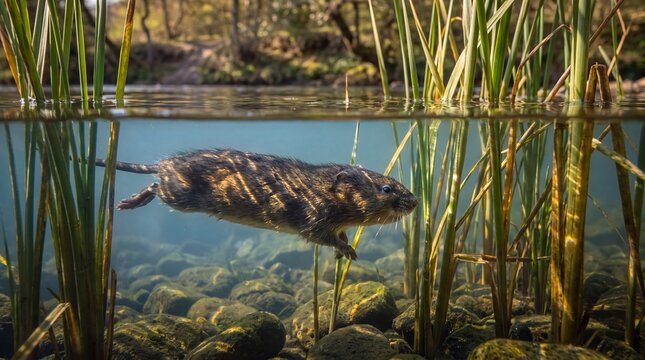 Water vole gliding through a temperate river surrounded by reeds in natural wilderness
