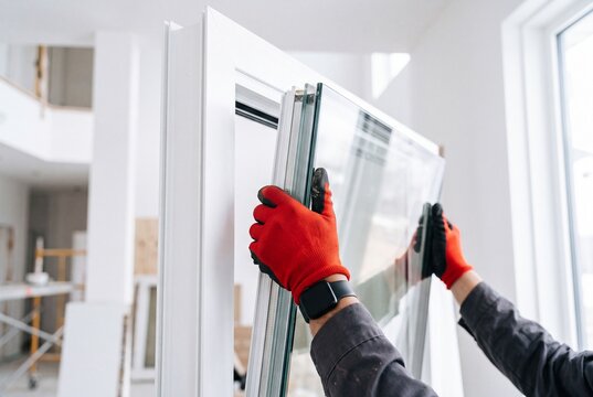 Removed triple glazed window glass unit leaning near frame after replacement in apartment. Broken insulated glass panel removal and window repair process concept.