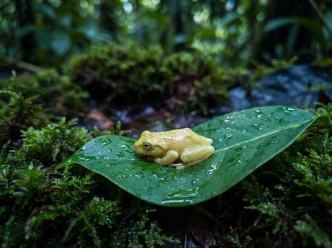 Sleeping monkey frog resting on emerald leaf in lush rainforest setting