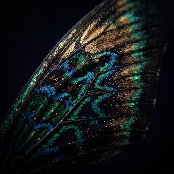 Intricate butterfly wing detail displays jewel tones and emerald green patterns.