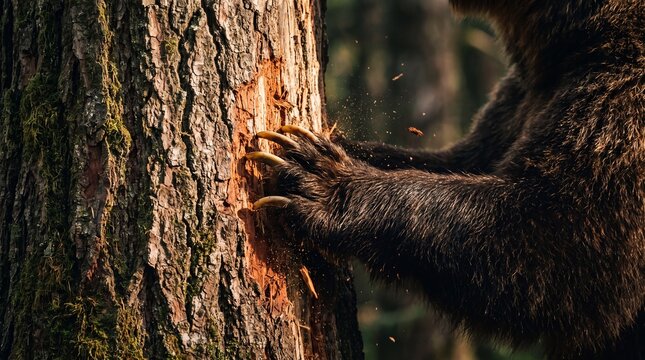 Bear paw aggressively scratches ancient bark, showing raw forest power.