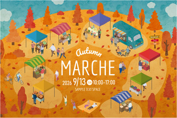 Naklejka premium Autumn Outdoor Market Festival with People and Colorful Stalls Illustration