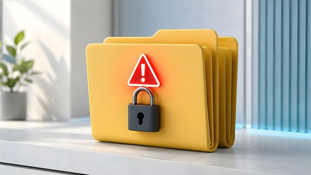 Yellow locked folder document with a glowing red warning triangle sign indicating data security breach or restricted access in a bright modern office