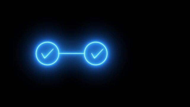 Glowing neon 3 step progress bar and timeline animation with check marks for business workflow task completion and loading screens 4k video with alpha.