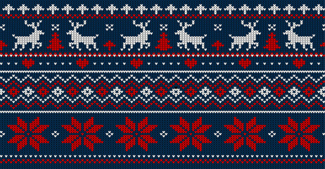Plakat Knitted Christmas pattern with reindeer and snowflakes on blue