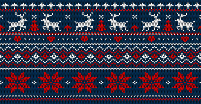 Knitted Christmas pattern with reindeer and snowflakes on blue