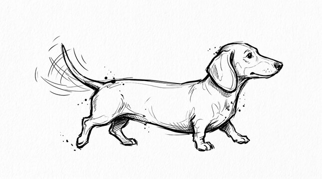 Hand-drawn black and white sketch of a happy dachshund walking with a wagging tail on white background