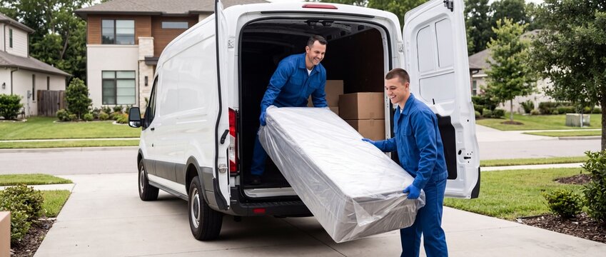 Two male movers in blue uniform carry wrapped mattress from house to van. They smile and work together, loading furniture for delivery. Boxes are nearby.
