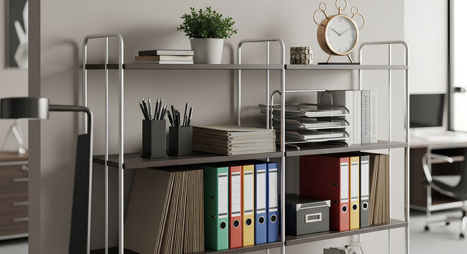 Modern office shelving unit with organized binders and supplies