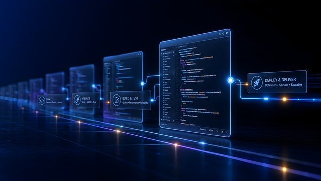 Glowing digital screens displaying a software development pipeline from coding and integration to build testing and deployment