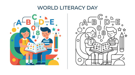 Fototapeta premium World Literacy Day: Children Reading Book, Learning ABC, Isolated