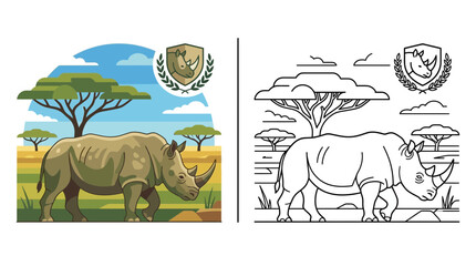 Rhino Walking on African Savanna, Color and Outline Version © Pemancing