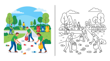 Naklejka premium Volunteers Cleaning Park, Recycling Bins, Environmental Protection