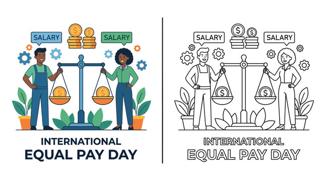 International Equal Pay Day illustration: Diverse couple balancing scales with salary and coins