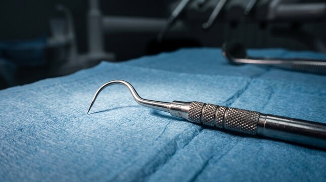 Stainless steel dental explorer tool on blue sterile cloth.
